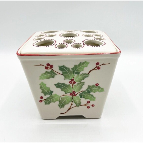 Andrea by Sadek Williamsburg Christmas Holly Flower Frog Vase Pot Square *READ - Picture 1 of 9
